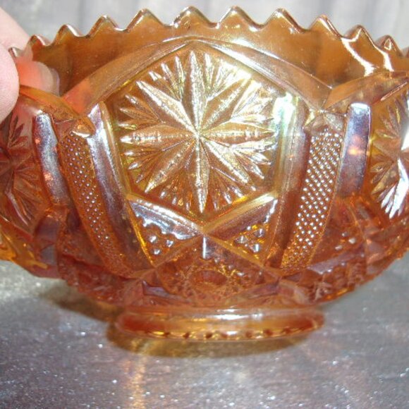 H-379 IMPERIAL STAR AND FILE HANDLED BOWL ORANGE CARNIVAL GLASS - Picture 10 of 13